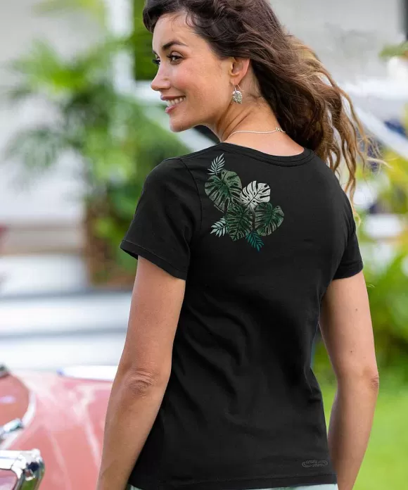 T-Shirts>Crazy Shirts Misty Monstera - Jet Black Short Sleeve Pima V-Neck T-Shirt