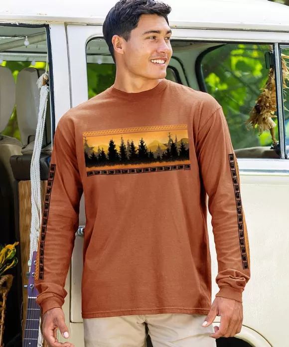 T-Shirts>Crazy Shirts Mountain View Band - Cinnamon Dyed Long Sleeve Crewneck T-Shirt