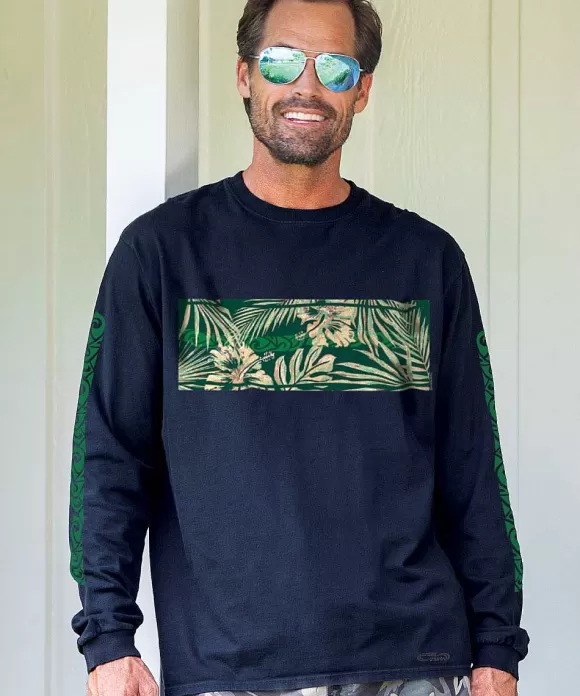 T-Shirts>Crazy Shirts Painted Floral Band - Black Long Sleeve Crewneck T-Shirt
