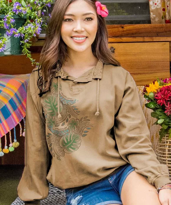 Jackets & Pullovers>Crazy Shirts Polynesian Monstera - Kona Coffee Dyed Long Sleeve Lightweight Pullover