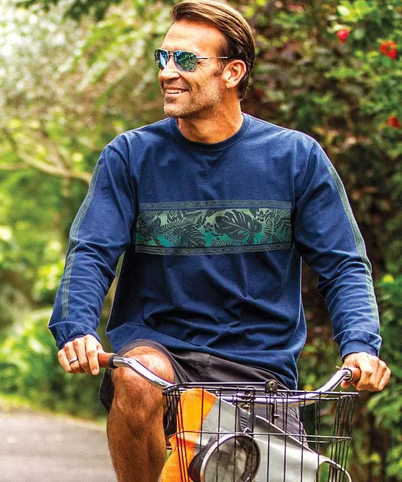 T-Shirts>Crazy Shirts Rainforest Pua - Navy Long Sleeve Crewneck T-Shirt