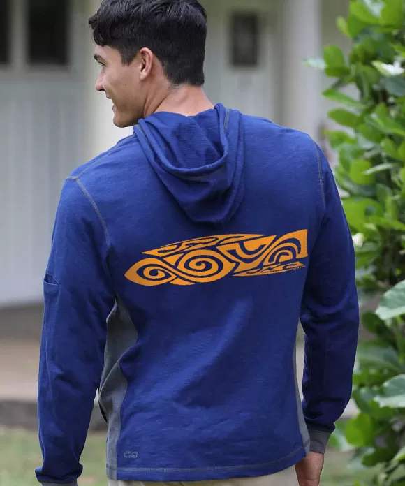 Jackets & Pullovers>Crazy Shirts Rapanui - Midnight/Gray Long Sleeve Longboard Hooded Tee