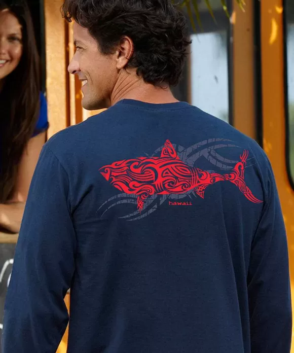 T-Shirts>Crazy Shirts Red Shark - Navy Long Sleeve Crewneck T-Shirt