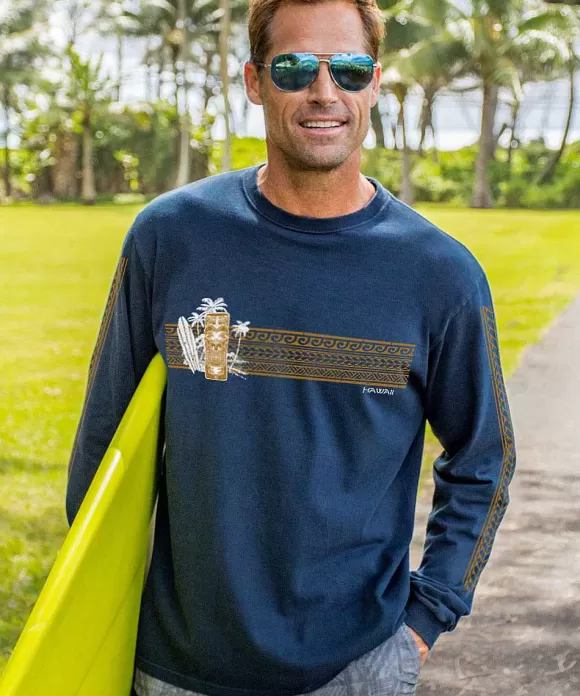 T-Shirts>Crazy Shirts Retro Tiki Band - Navy Long Sleeve Crewneck T-Shirt