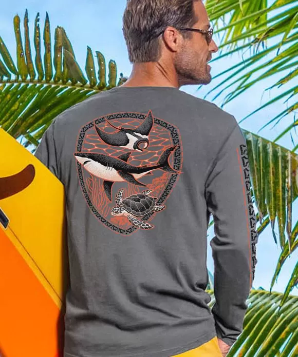 T-Shirts>Crazy Shirts Shark Reef Scene - Smoke Long Sleeve Pima T-Shirt