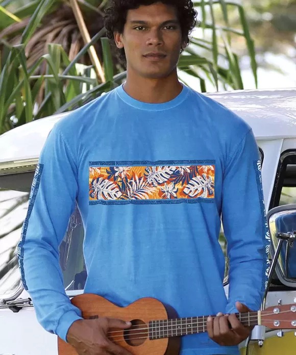 T-Shirts>Crazy Shirts Tiki Band - Blue Hawaii Dyed Long Sleeve Crewneck T-Shirt