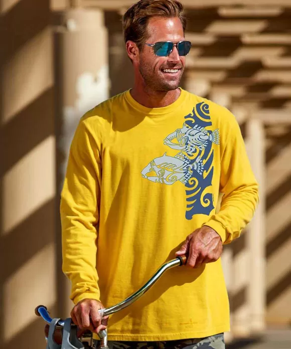 T-Shirts>Crazy Shirts Tribal Fish - Pineapple Dyed Long Sleeve Crewneck T-Shirt