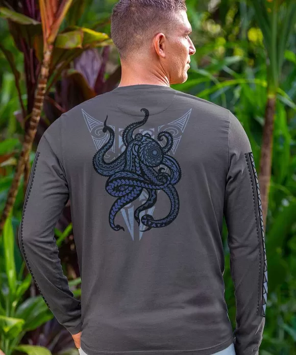 T-Shirts>Crazy Shirts Tribal He'E Guardian - Smoke Long Sleeve Pima T-Shirt