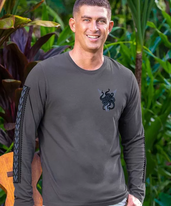T-Shirts>Crazy Shirts Tribal He'E Guardian - Smoke Long Sleeve Pima T-Shirt