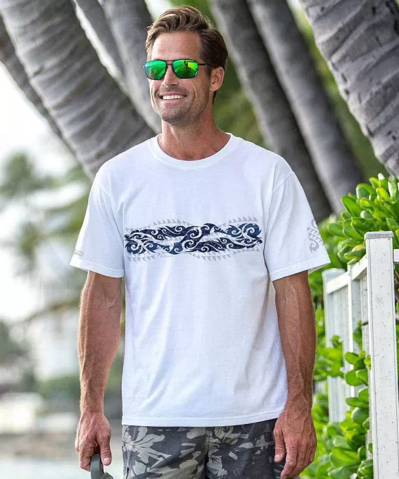 T-Shirts>Crazy Shirts Tribal Mano Stripe - White Short Sleeve Crewneck T-Shirt