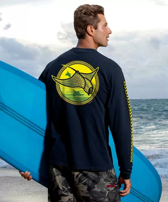T-Shirts>Crazy Shirts Tribal Manta Circle - Navy Long Sleeve Crewneck T-Shirt