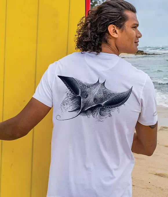 T-Shirts>Crazy Shirts Tribal Manta Ray - White Short Sleeve Pima T-Shirt