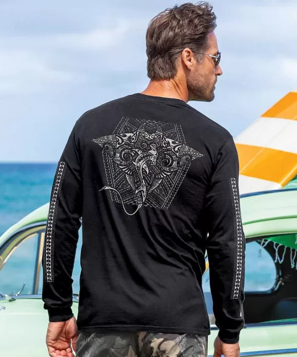 T-Shirts>Crazy Shirts Tribal Manta Shark - Black Long Sleeve Crewneck T-Shirt