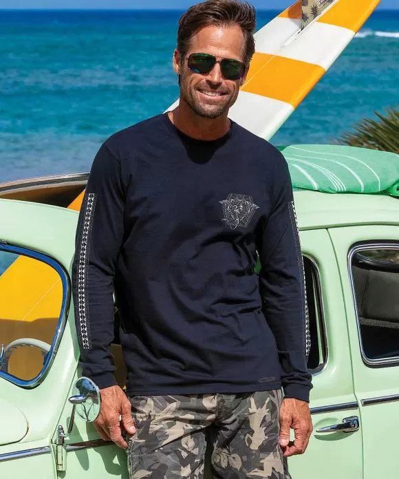 T-Shirts>Crazy Shirts Tribal Manta Shark - Black Long Sleeve Crewneck T-Shirt