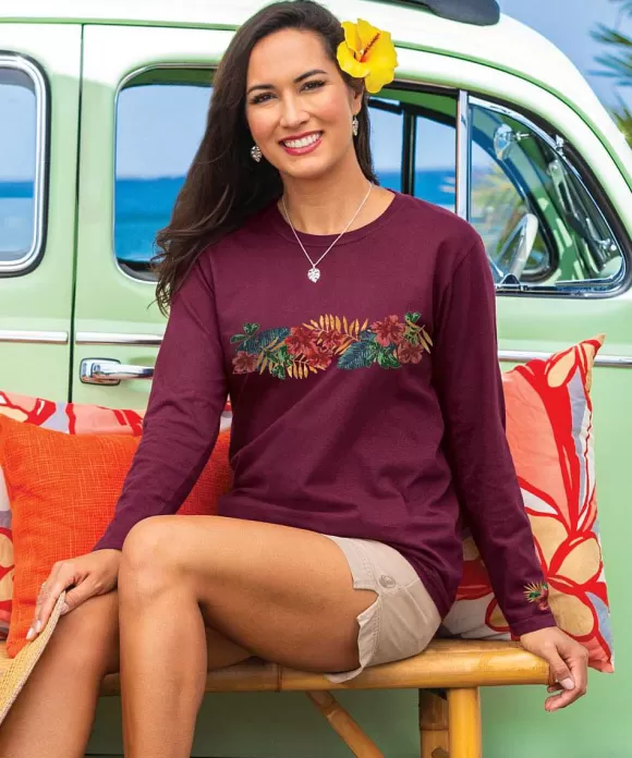 T-Shirts>Crazy Shirts Tropical Leaves Band - Fig Dyed Long Sleeve Crewneck T-Shirt