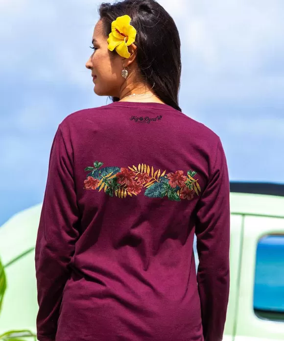 T-Shirts>Crazy Shirts Tropical Leaves Band - Fig Dyed Long Sleeve Crewneck T-Shirt