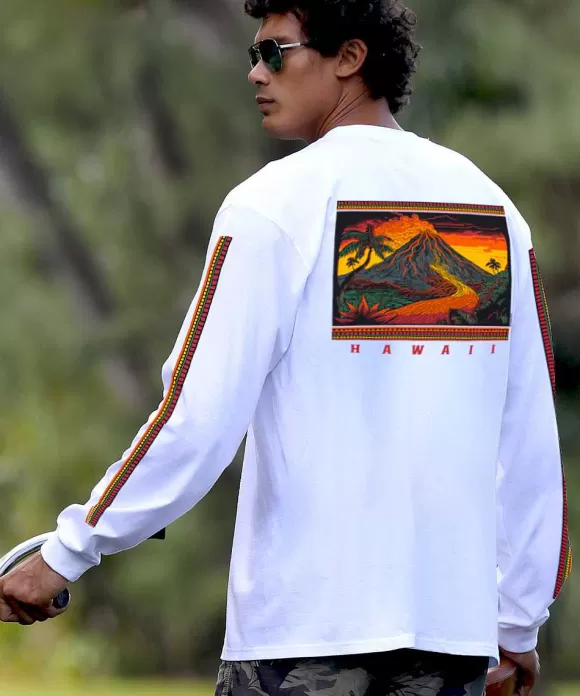 T-Shirts>Crazy Shirts Volcano Scenic - White Long Sleeve Crewneck T-Shirt
