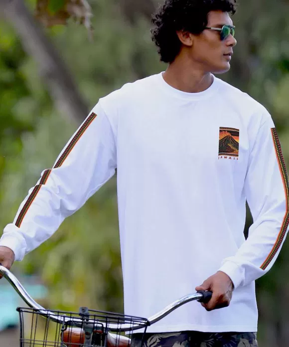 T-Shirts>Crazy Shirts Volcano Scenic - White Long Sleeve Crewneck T-Shirt