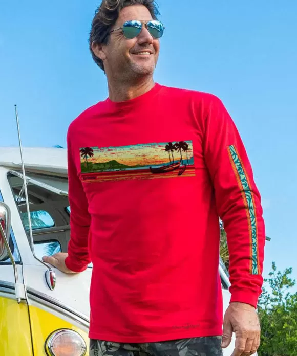 T-Shirts>Crazy Shirts Waikiki Beach Band - Cherry Dyed Long Sleeve Crewneck T-Shirt