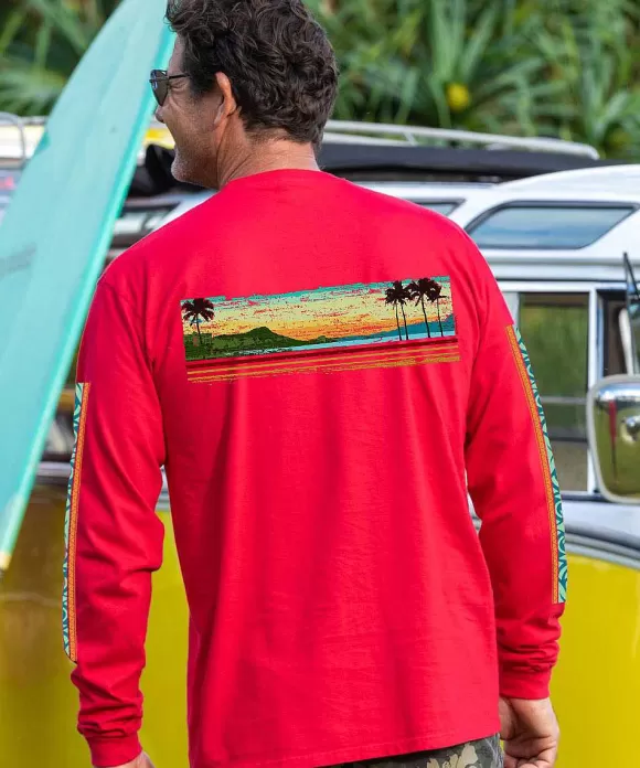 T-Shirts>Crazy Shirts Waikiki Beach Band - Cherry Dyed Long Sleeve Crewneck T-Shirt