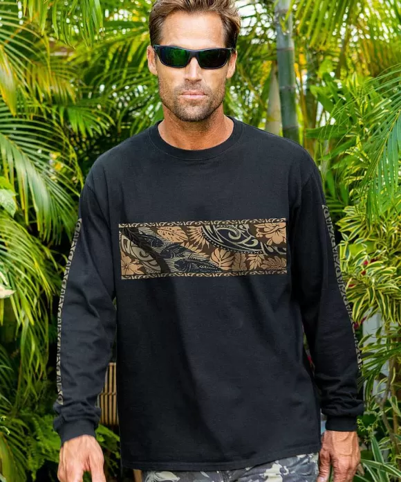T-Shirts>Crazy Shirts Wavey Floral Band - Black Long Sleeve Crewneck T-Shirt