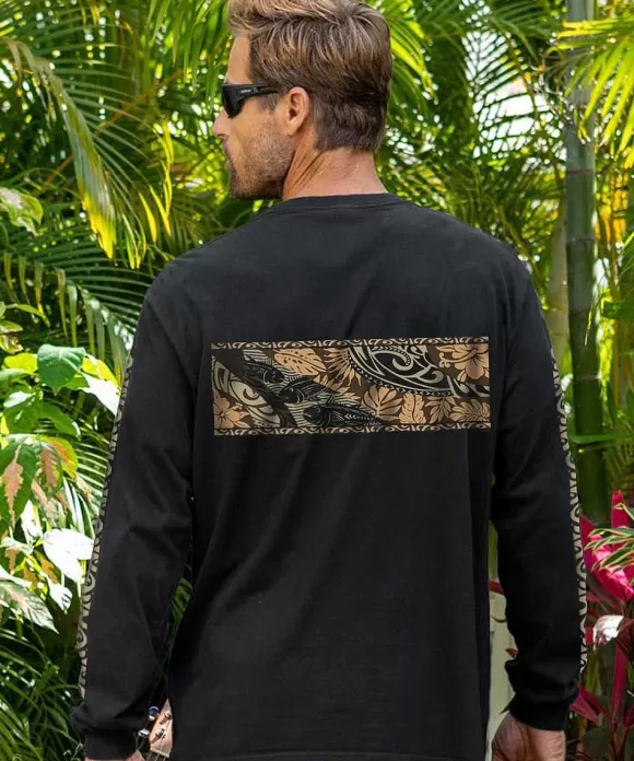 T-Shirts>Crazy Shirts Wavey Floral Band - Black Long Sleeve Crewneck T-Shirt