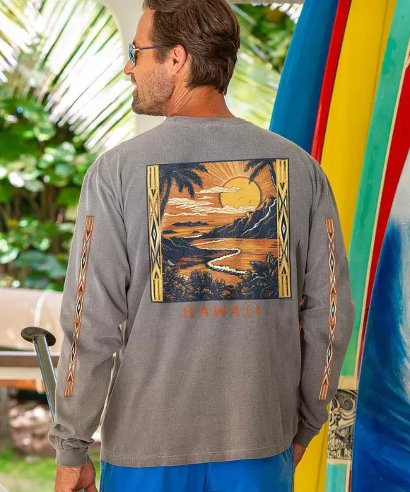T-Shirts>Crazy Shirts Woodcut Beach Scene - Crater Dyed® Long Sleeve Crewneck T-Shirt