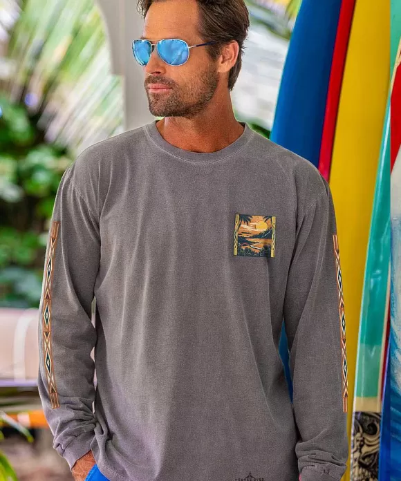 T-Shirts>Crazy Shirts Woodcut Beach Scene - Crater Dyed® Long Sleeve Crewneck T-Shirt