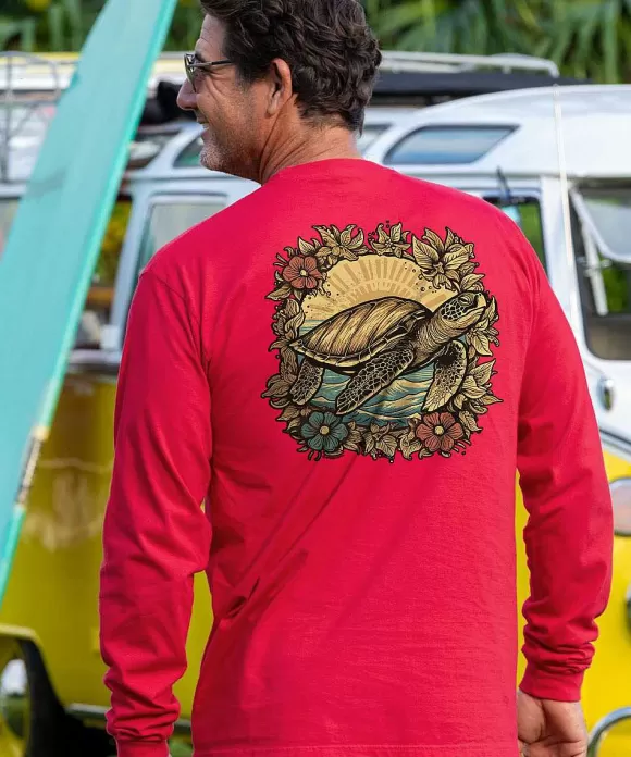T-Shirts>Crazy Shirts Woodcut Honu - Cherry Dyed Long Sleeve Crewneck T-Shirt