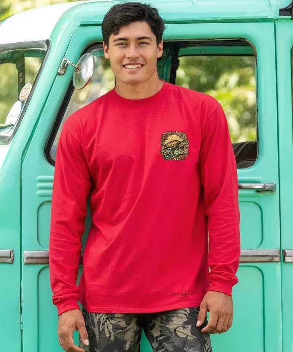 T-Shirts>Crazy Shirts Woodcut Honu - Cherry Dyed Long Sleeve Crewneck T-Shirt