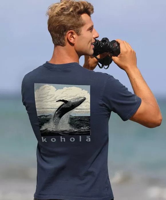 T-Shirts>Crazy Shirts Woodcut Kohola - Navy Short Sleeve Crewneck T-Shirt