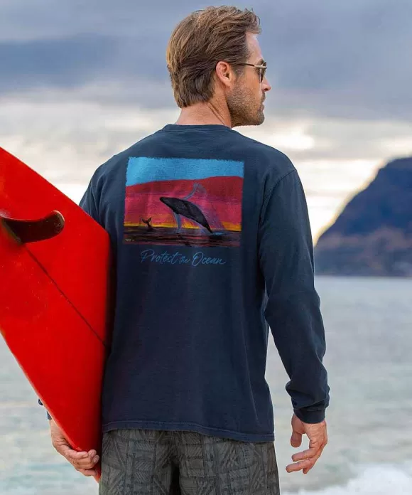 T-Shirts>Crazy Shirts Wyland® Whale Sighting - Navy Long Sleeve Crewneck T-Shirt
