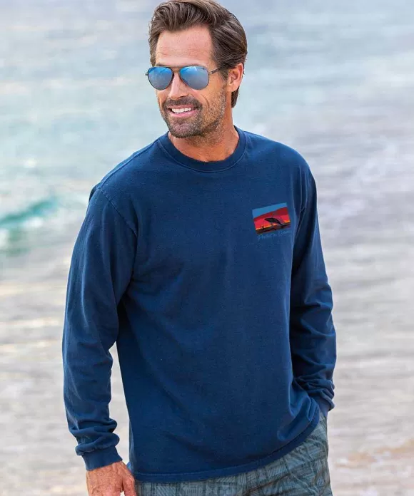 T-Shirts>Crazy Shirts Wyland® Whale Sighting - Navy Long Sleeve Crewneck T-Shirt